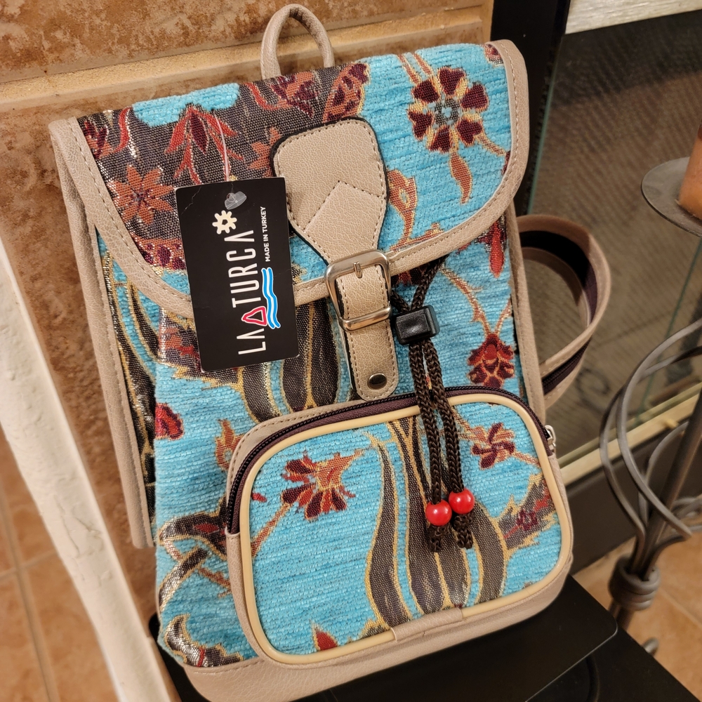 La Turka Floral Backpack Blue Beige Boho